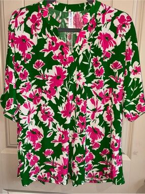 Scarlett Green Floral Blouse with Hot Pink & White Print